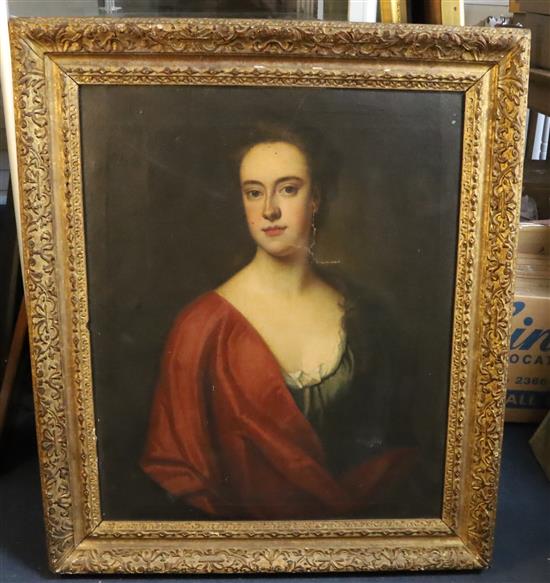 Early 18th century English School Portrait of Sarah Knight, Aged 43, died 1743 30 x 25in., canvas torn